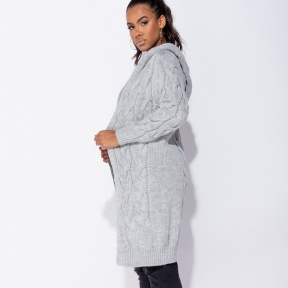 Chunky Cable Knit Long Sleeve Hooded Midi Cardigan - Picture 7 of 11